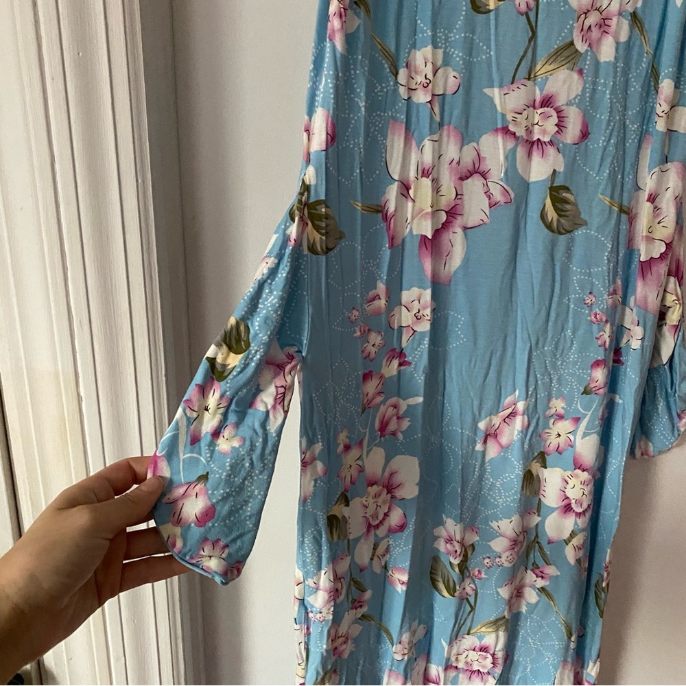 Women's Summer Light Blue Maxi Dress Long Side Pockets Double Side Slits Floral - Picture 6 of 10